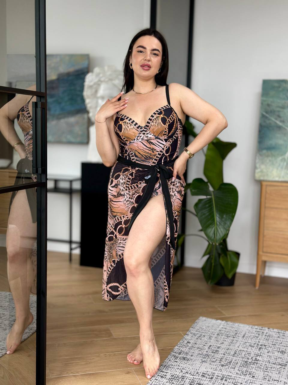Модель SW3696 — пляжний комплект plus size купальник з парео з принтом ланцюги та анімалістичні мотиви